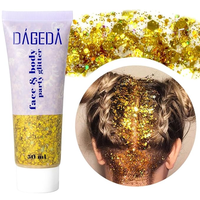 DAGEDA Body Glitter Gel, Face Glitters Body Gel Sequins Shimmer Liquid Eyeshadow, Chunky Glitter for Face Hair Nails, Holographic Cosmetic Laser Powder Festival Glitter Makeup 50ml(Gold