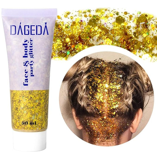 DAGEDA Body Glitter Gel, Face Glitters Body Gel Sequins Shimmer Liquid Eyeshadow, Chunky Glitter for Face Hair Nails, Holographic Cosmetic Laser Powder Festival Glitter Makeup 50ml(Gold