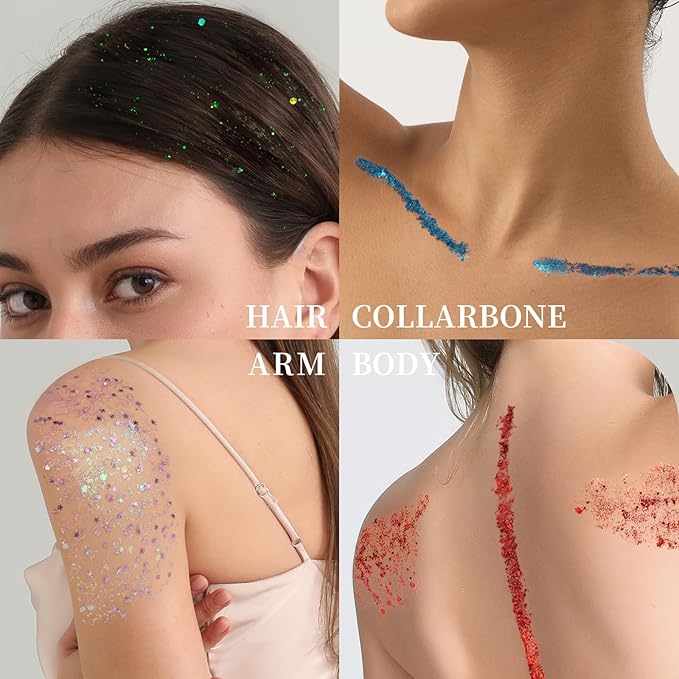 FANDAMEI Face Glitter, 2 PCS Face Glitter Gel 18 Grids, Body Hair Glitter for Kids Women for Makeup, Halloween Rave Concert Face Paint Glitter
