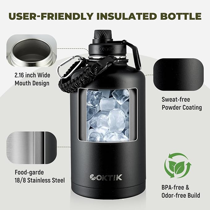 COKTIK 84oz Half Gallon Water Bottle - Triple Insulated Stainless Steel Flask, 48hr Cold Retention, Leakproof & BPA-Free, Large Water Jug for Gym, Hiking, Camping, Outdoor Sports (Midnight)