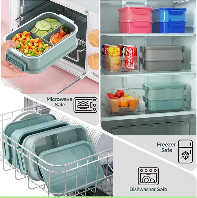 DaCool Lunch Box Adults Bento Box 74 OZ All-in-One Stackable Lunch Box Containers for Adult Large Bento Box with Fork Spoon Sauce Boxes, Leakproof Lunchbox for Work School Dining Out, Morandi-Green