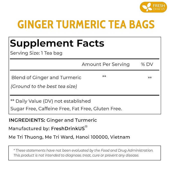 FreshDrinkUS, Premium 45 Ginger Turmeric Tea Bags, 100% Natural Ingredients, Hand-made Blend of Ginger and Turmeric Herbal Tea, Eco-conscious Tea Bags. No Sugar, No Caffeine, No Gluten, Vegan.
