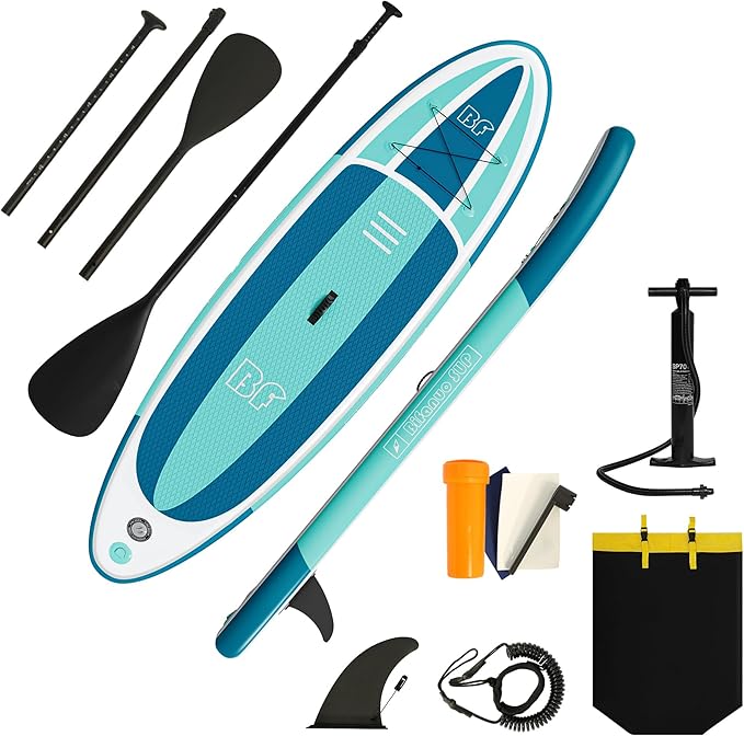 Inflatable Stand Up Paddle Board with SUP Accessories & Backpack. Paddle Boards for Adults. Non-Slip Deck, Wide Stance, Bottom Fin, Double Action Pump.