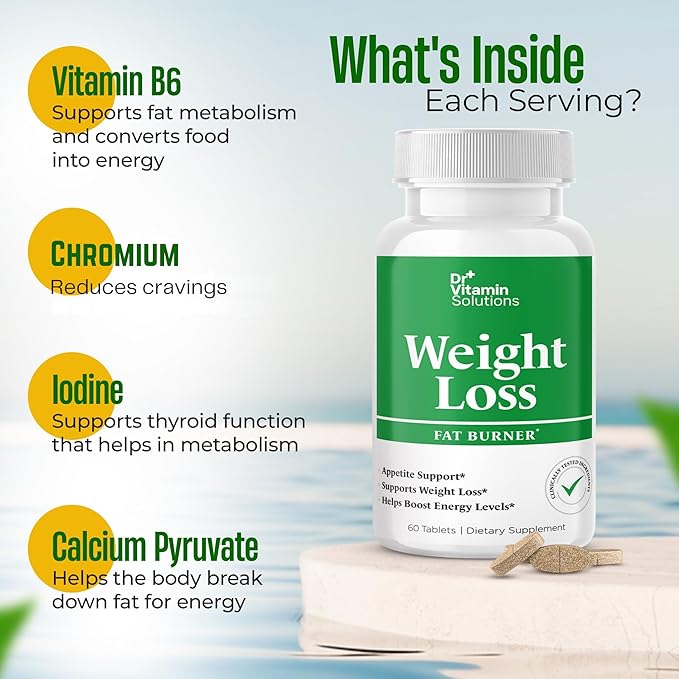 DR VITAMIN SOLUTIONS Fat Burner for Women & Men - Weight Loss Supplements with Green Tea Extract, Chromium, Vitamin B6 - Energy Booster, Belly Fat Burner & Appetite Suppressant Diet Pills - 60 Tablets