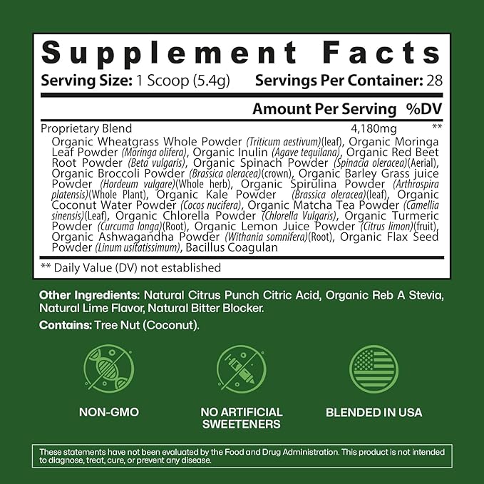 ColonBroom Superfood Greens Powder Supplement | Super Greens Juice Powder with Probiotics, Prebiotics, Spirulina & Chlorella | Natural for Energy, Immunity, Digestion & Detox Support | 56 Servings