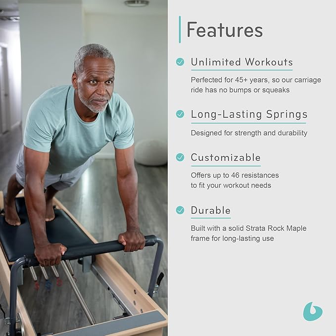 Balanced Body Studio Pilates Reformer with Sitting Exercise Box, Pilates Machine for Studio or at-Home Gym Equipment, Exercise Equipment for Fitness and Well-Being