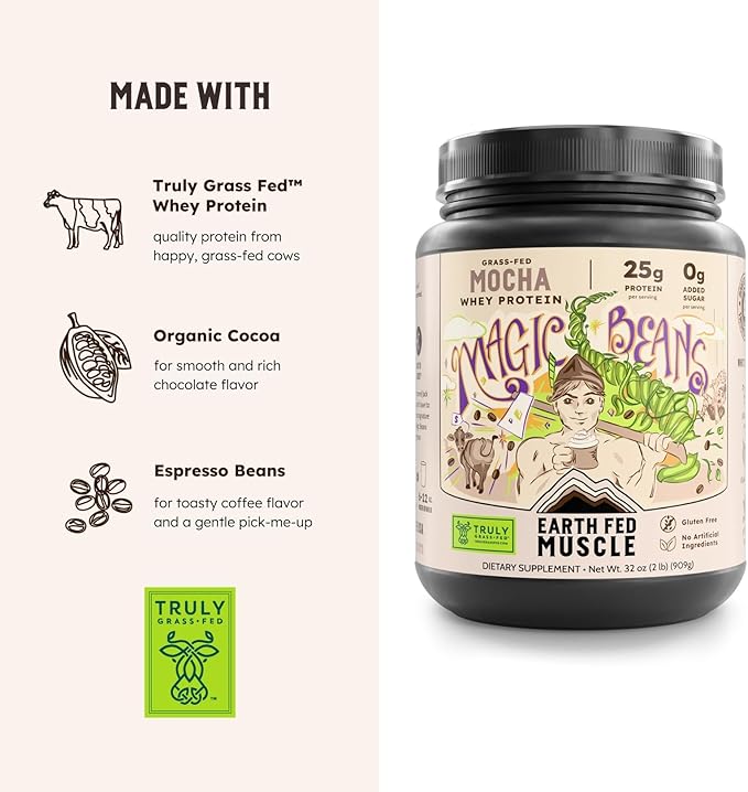 Earth Fed Muscle Magic Beans Mocha Truly Grass Fed Whey Protein Powder - No Artificial Ingredients, Soy Free, Gluten Free, Non-GMO and Hormone Free (2 Pound, 29 Servings, Mocha)