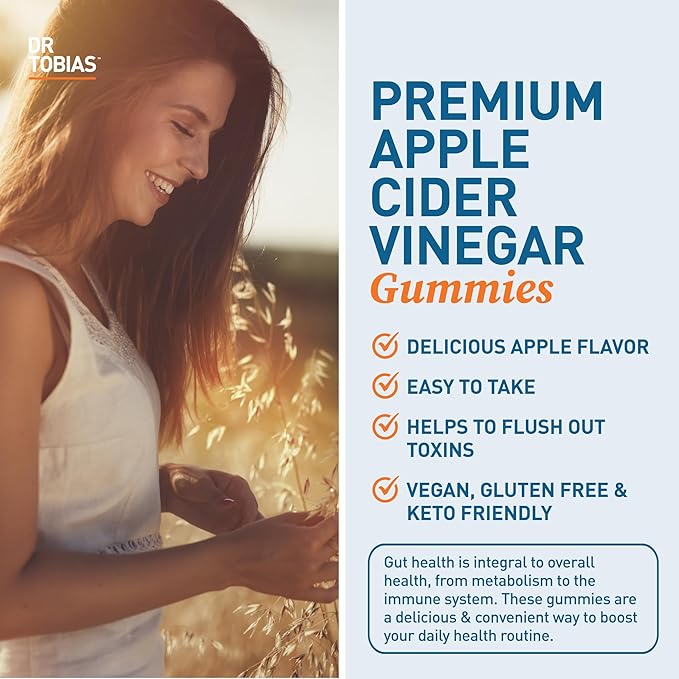 Dr. Tobias Apple Cider Vinegar Gummies, Includes 500 mg Apple Cider Vinegar with Mother, Folate, B12 & Iodine, Supports Gut Health, Cleanse & Detox, Vegan, Gluten-Free, 120 Gummies