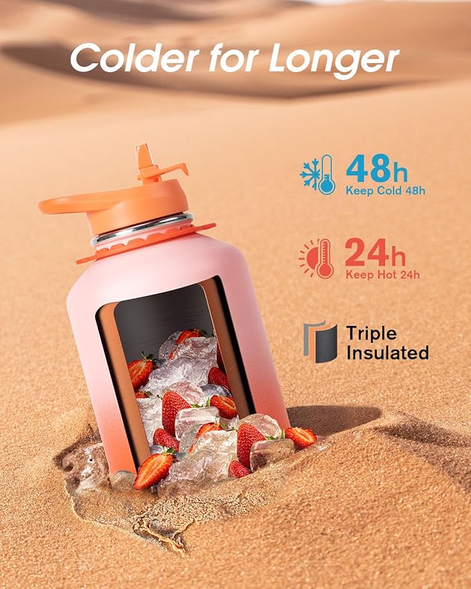 Coolflask 64 oz Water Bottle with Straw, Half Gallon Insulated Large Water Jug with Straw & Spout Lids, Double Wall Stainless Steel Metal Flask, Keep Cold 48h Hot 24h, Sunny Orange