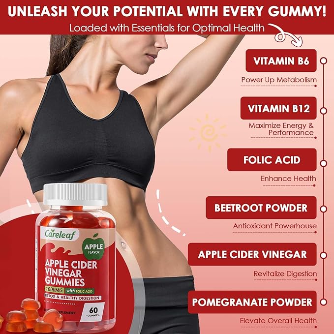 Apple Cider Vinegar Gummies 60 Counts 1000mg AVC with Vitamin B6 Vitamin B12 for Metabolism, Digestion, Detox, Gut & Immune Health