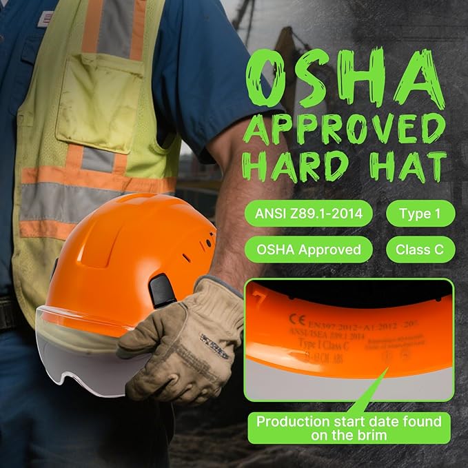 AOLAMEGS Construction Vented Hard Hats -Adjustable Vented Hard Hat with Visor for Men Women ABS Safety Helmet 6-Point Suspension Work Hardhats for Outdoor Height Industrial (Orange Clear Visor)