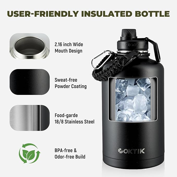 COKTIK 84oz Water Bottle with Straw - Triple Insulated Flask, 48hr Cold Retention Large Water Bottle, Leakproof Water Jug for Gym, Hiking, Camping, Outdoor Sports (2 pack,Black)