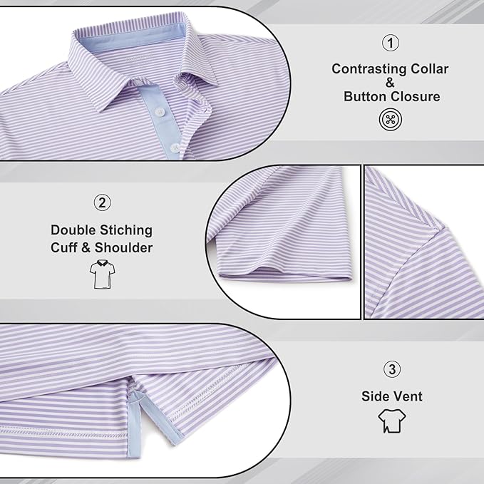 Golf Shirts for Men - Moisture Wicking Short Sleeve Performance Sport Casual Striped Collared Mens Polo Shirt