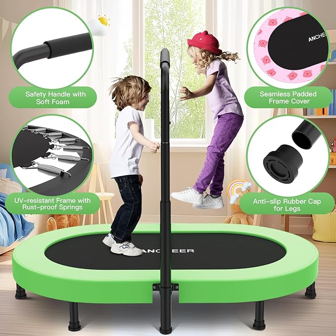 ANCHEER 56" Double Mini Trampoline for Kids, Mini Rebounder with 5-Level Adjustable Handle, Parent-Child Trampoline for Kids, Max Load 220lbs, Fun for Indoor/Outdoor