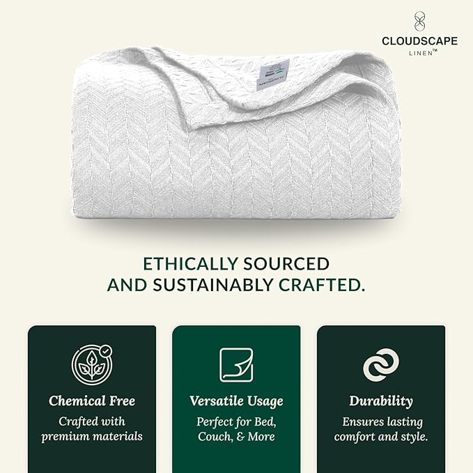 Cloud Scape Linen Herringbone Cotton Throw Blanket for Couch, Bed,Sofa, Home Decor, Soft, Lightweight, All-Season Bed Blanket, 50 x 70, White