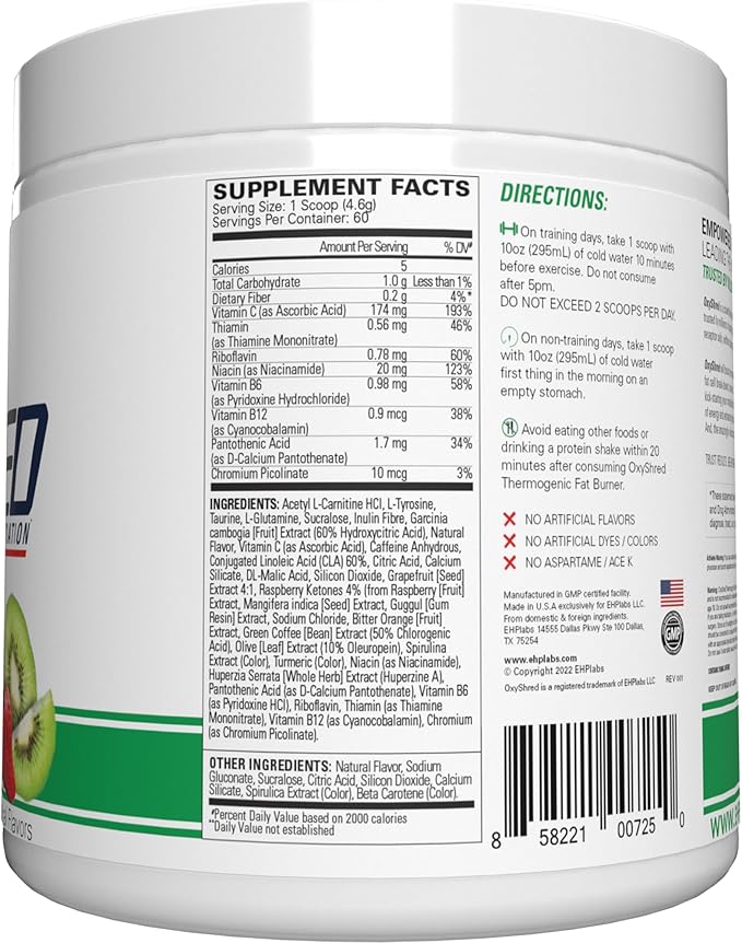 EHP Labs OxyShred Pre Workout Powder - Preworkout Powder with L Glutamine & Acetyl L Carnitine, Energy Boost Drink - Kiwi Strawberry, 60 Servings