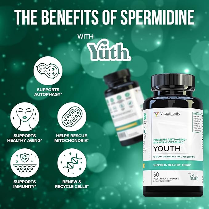 Enhanced Absorption Pure Spermidine Supplement - 99% Standardized Spermidine 3HCL Anti Aging Supplement for Women and Men’s Longevity Brain Telomere Heart Cell and Skin Support - 60 Servings