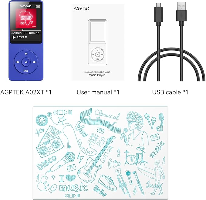 AGPTEK A02 MP3 Player with Bluetooth 5.3, 1.8 inch Screen Portable Music Player with Speaker, FM Radio, Voice Recorder, Supports Expanded Up to 128GB(Blue, 32GB)