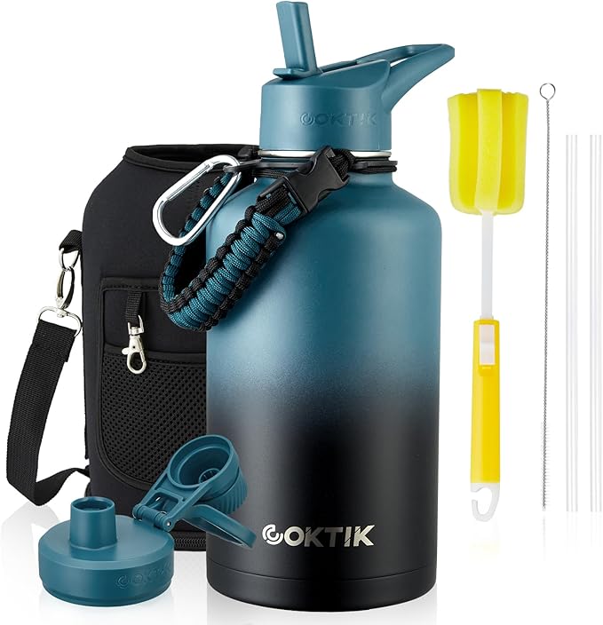 Half Gallon Insulated Water Bottle, 64 oz Triple Wall Stainless Steel Flask, Keeps Drinks Cold for 48 Hrs Leak-Proof & BPA-Free Half Gallon Jug with Paracord Handle, Straw & Spout Lids(Indigo Black)