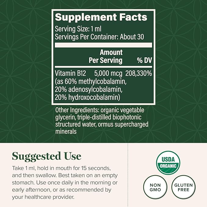 Global Healing Center - Vitamin B12 Sublingual 5000 MCG Organic Liquid Supplement, Methylcobalamin, Adenosylcobalamin, Hydroxo Long-Lasting Energy and Healthy Metabolism - Vegan B12 Vitamins (1 Oz)