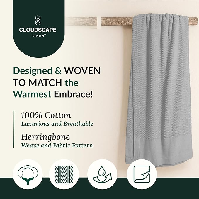 Cloud Scape Linen Herringbone Cotton Throw Blanket for Couch, Bed, Home Decor, Soft, Lightweight, All-Season Travel Blanket, 50 x 70, Light Grey