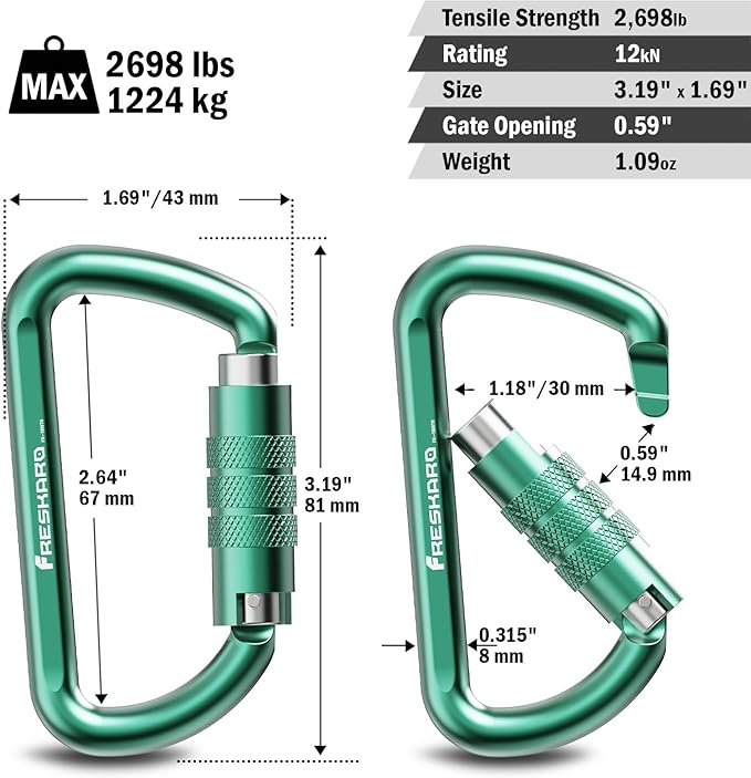 FresKaro 3inch 12kN-2698lbs Auto Locking Carabiner Clips, Solid D Shape, Heavy Duty 7075 Aluminum, Lightweight 1.09oz, Rust Proof, for Hammock, Hiking, Dog Leash, Keychain etc., Multi-Colors