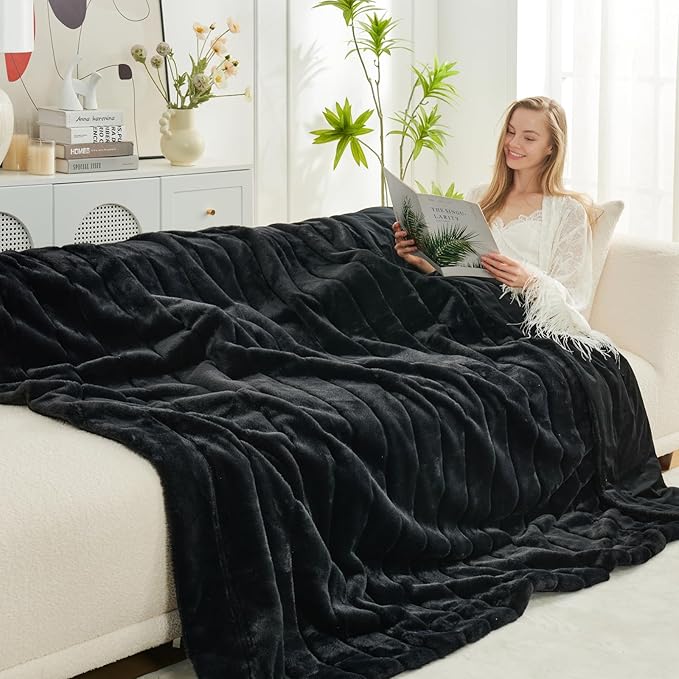Cozy Bliss Faux Fur Throw Blanket for Couch, Cozy Warm Plush Striped Blanket for Sofa Bedroom Living Room, Black