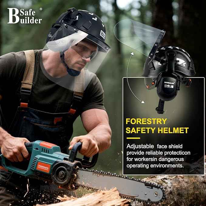 Forestry Safety Helmet with Build-in Visor Mesh Face Shield Ear Muffs 4 in 1 Chainsaw Safety Hard Hats