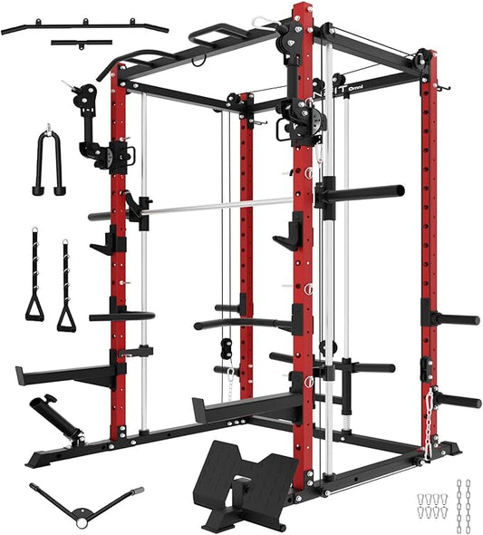 Eonfit E3 Smith Machine with 360°Rotating Arm for Home Gym Equipment, Multi-Function Power Cage Squat Rack with Cable Crossover LAT Pulldown Pulley System All in One