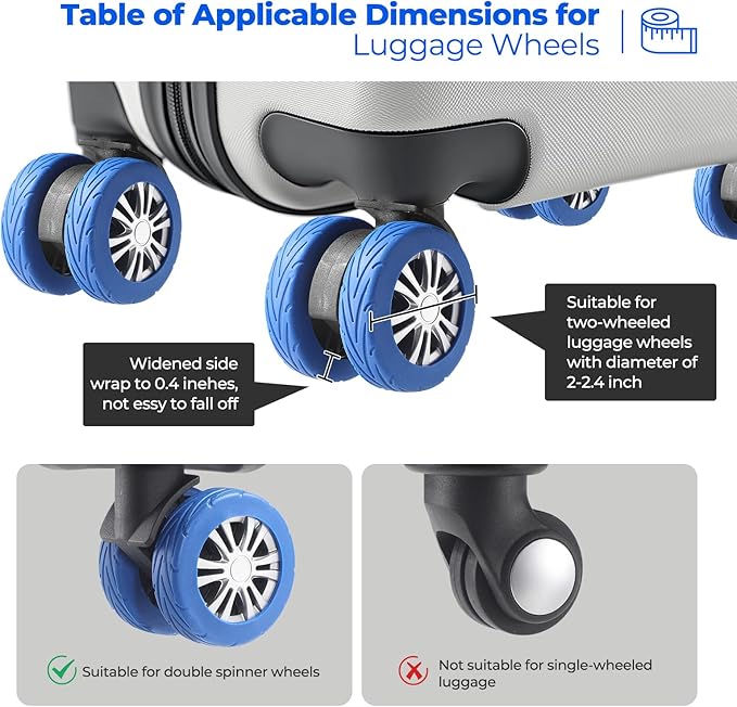 8 Pcs Upgrade Luggage Wheel Covers, Carry On Luggage Suitcases,Wear-Resistant, Anti-Noise, Silicone Wheel Protective Covers for 2-2.4" Spinner Wheel,Essential Travel Accessories (Blue)