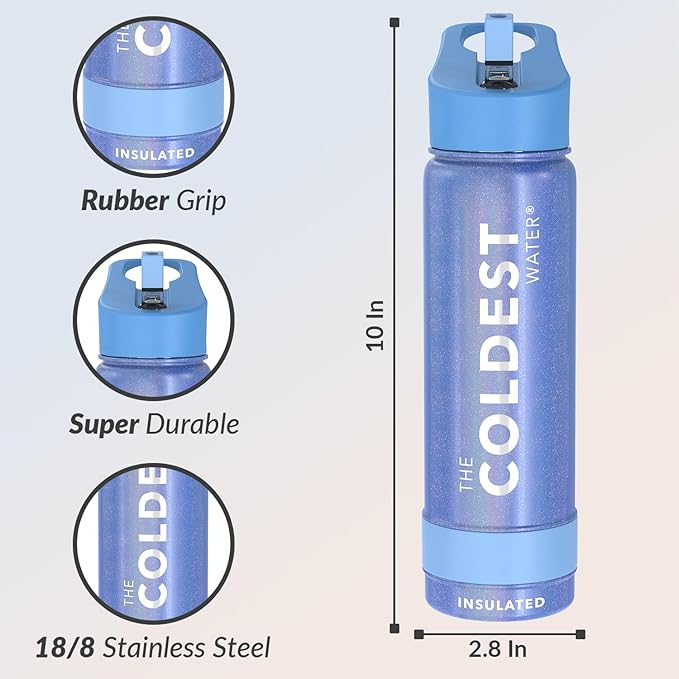 Coldest Insulated Water Bottle with Straw Lid - Stainless Steel Metal Insulated Bottle for Men & Women (Galactic Blue Glitter, 24 oz)