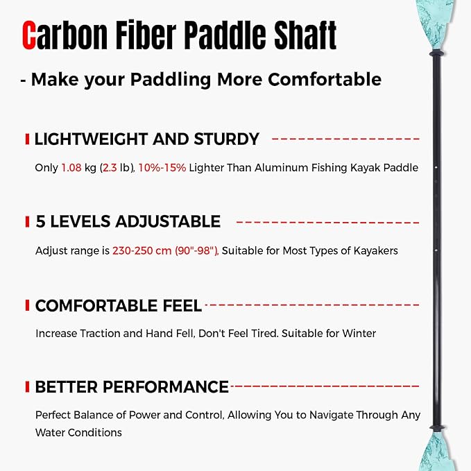 Angler Kayak Paddles Carbon Fiber Shaft and Plastic Blade, Floating Adjustable Fihsing Kayak Oars with Paddle Leash, 230-250cm/90-98 inch