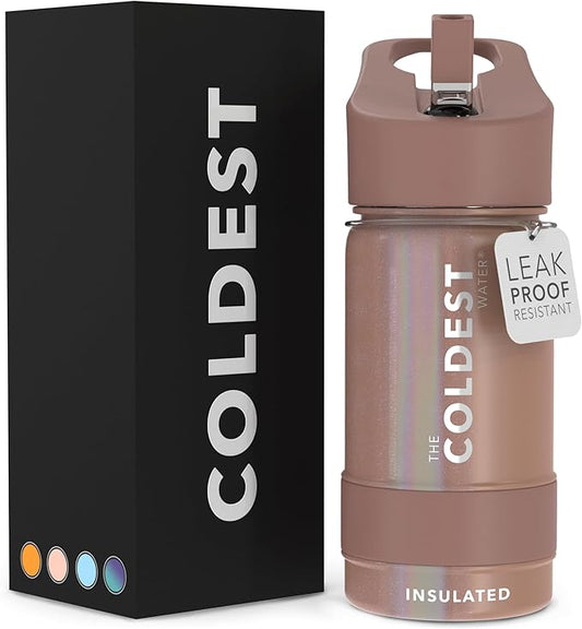 Coldest Insulated Water Bottle with Straw Lid - Stainless Steel Metal Insulated Bottle for Men & Women (Rose Gold Glitter, 14 oz)