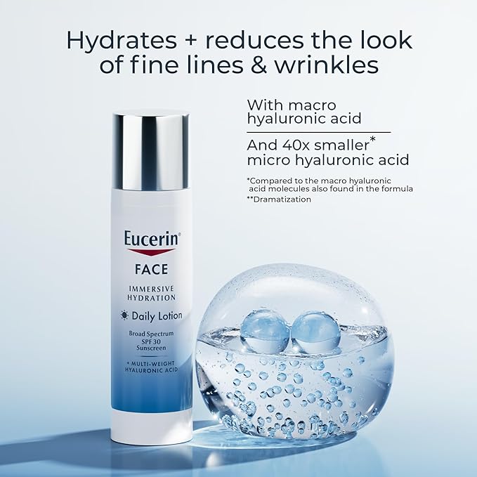 Eucerin Face Immersive Hydration Daily Face Lotion Broad Spectrum SPF 30 Sunscreen, Daily Moisturizer with Hyaluronic Acid Smooths Fine Lines and Wrinkles, 2.5 Fl Oz Bottle