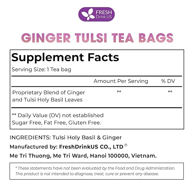 FreshDrinkUS Premium 75 Ginger Tulsi Tea Bags, 100% Natural, Hand-made Blend of Ginger and Tulsi Holy Basil Leaves, Eco-conscious Tea Bags. No Sugar, No Caffeine, Vegan