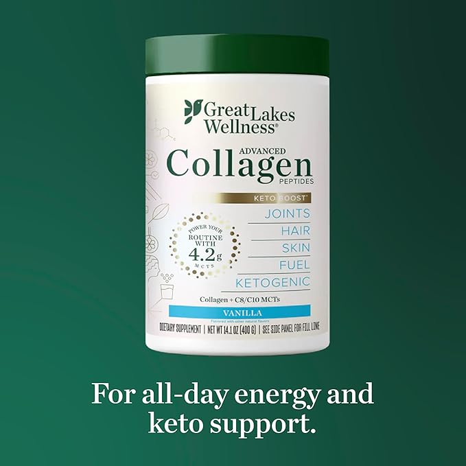 Great Lakes Wellness Keto Boost Advanced Collagen Peptides Powder with 4.2g MCTs - Vanilla Flavored - Nutritiously-Rich Non-Dairy Coffee Creamer or Smoothie Alt - Non-GMO, Kosher - 14.1 oz