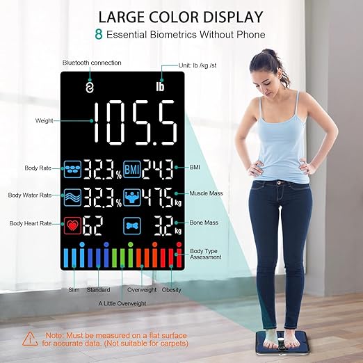ABLEGRID Body Fat Scale,Digital Smart Bathroom Scale for Body Weight, Large Color Display Screen, 16 Body Composition Metrics BMI, Water Weigh, Heart Rate, Baby Mode, 400lb, Rechargeable