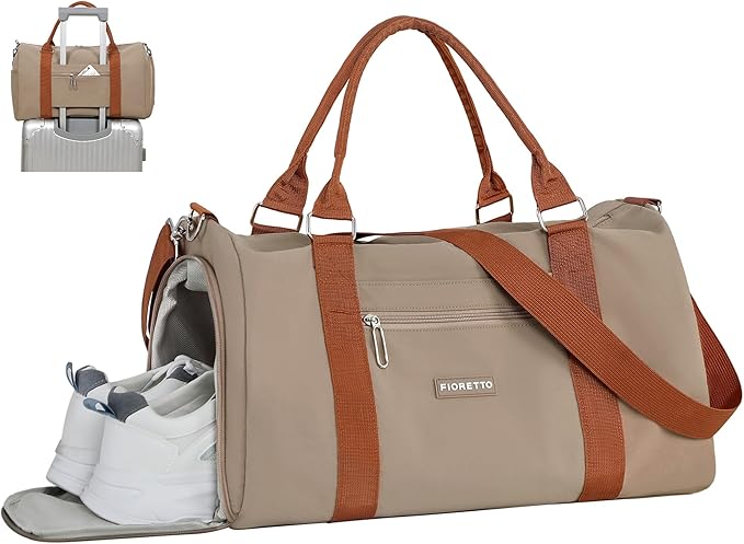 FIORETTO Womens Gym Tote Duffle Weekender Bag with Wet Pocket & Shoe Compartment, Ideal for Travel, Swimming, Dance, Khaki