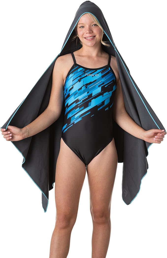 Flow Hydro Sport Towel - Microfiber Quick Dry Swimming Towels for Swim, Pool, Triathlon, and Other Water Sports in Medium, Large, Extra Large, and Hooded Sizes (Gray, Large w/Hood)