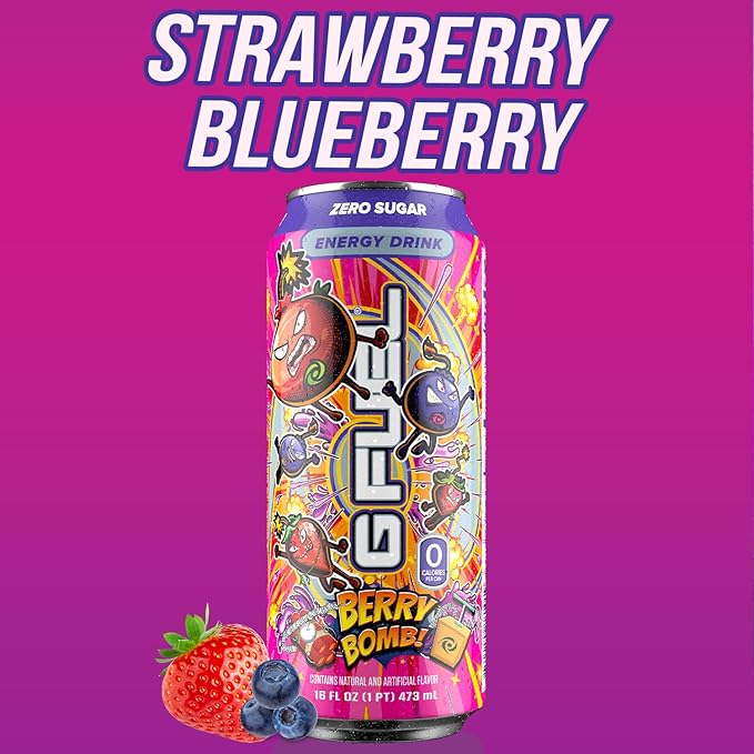 G Fuel Energy Drink, Berry Bomb, Sugar Free Carbonated Beverage with 300mg Caffeine, Daily Energy Boost with Focus Amino, Vitamin + Antioxidants, 16 oz Cans (Berry Bomb, 12-Pack)