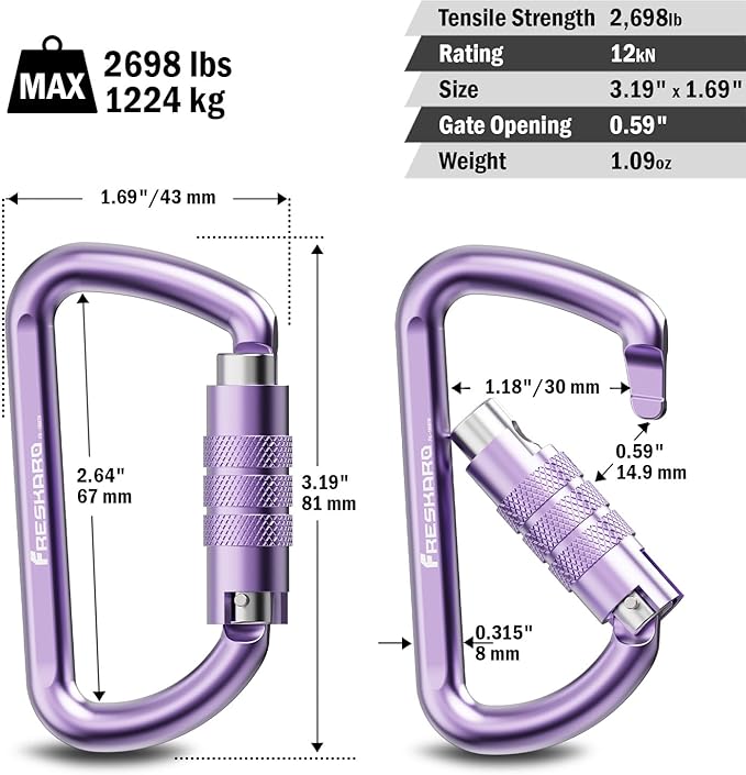 FresKaro 3inch 12kN-2698lbs Auto Locking Carabiner Clips, Solid D Shape, Heavy Duty 7075 Aluminum, Lightweight 1.09oz, Rust Proof, for Hammock, Hiking, Dog Leash, Keychain etc., Multi-Colors