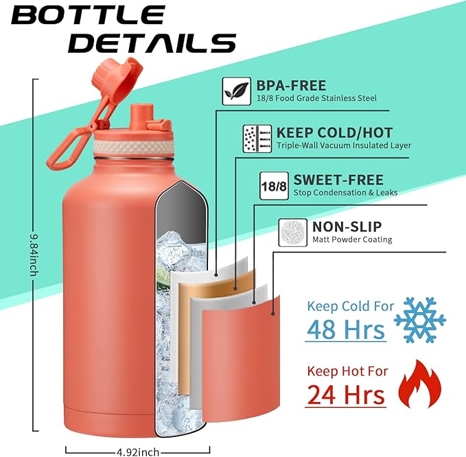 64oz Insulated Water-Bottle with Strap - Half Gallon Water Jug with Straw & Spout Lid, 2 Liter Stainless Steel Water Bottle Leak Proof, Cold-48h Hot-24h Metal Flask w/Paracord Handle, Carrier Case
