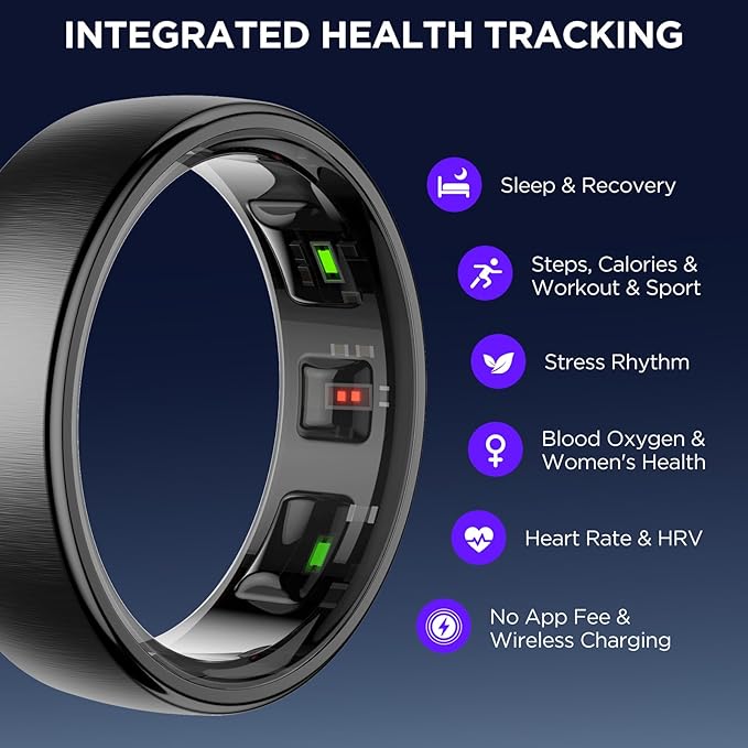 Fitness Tracker, Smart Ring for Women Men, Fitness Ring with Sleep Tracker, 24/7 Heart Rate Monitor, Health Activity Trackers, Step Counter,Calorie Pedometer,No Subscription,for iOS Android(Black,#7)