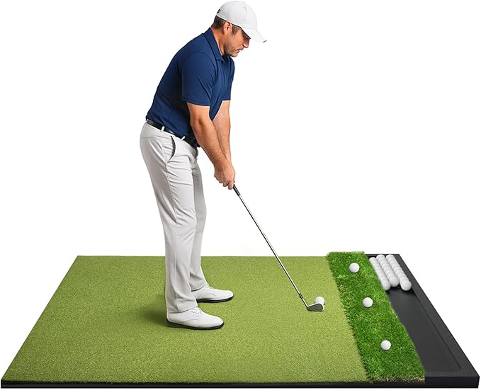 Golf Hitting Mat with Ball Tray 5x4ft - 6x4ft Dual-Turf Practice Mat for Indoor & Outdoor Use Golf Training Mat with Rubber Tee Holes, Suitable for Swing Driving & Chipping