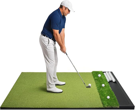 Golf Hitting Mat with Ball Tray 5x4ft - 6x4ft Dual-Turf Practice Mat for Indoor & Outdoor Use Golf Training Mat with Rubber Tee Holes, Suitable for Swing Driving & Chipping