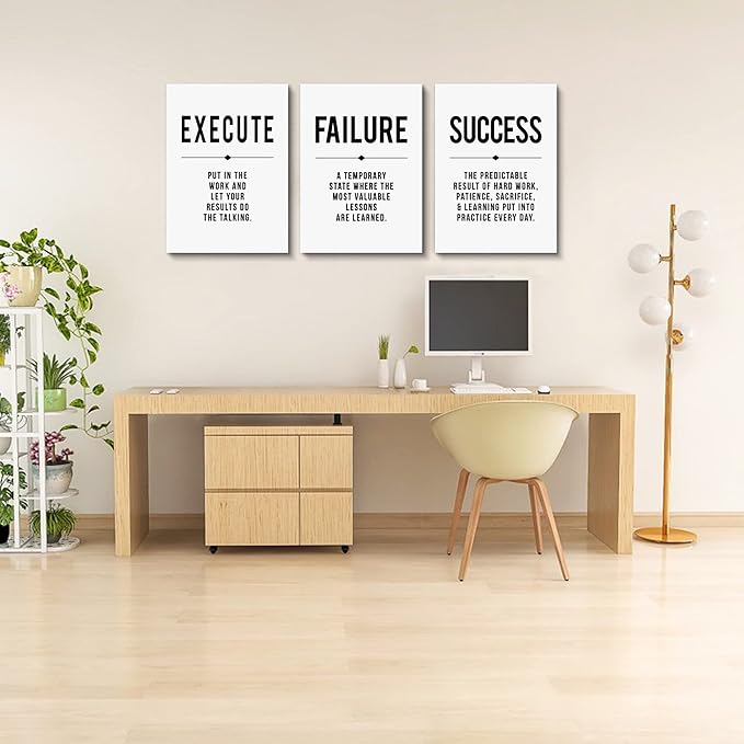 Inspirational Print - Framed Canvas Wall Art Success Quote, Office Wall Art, gift for boss, Positive Motivational Prints, Execute Failure Success Poster (D-3pcs,12x16inchx3pcs)