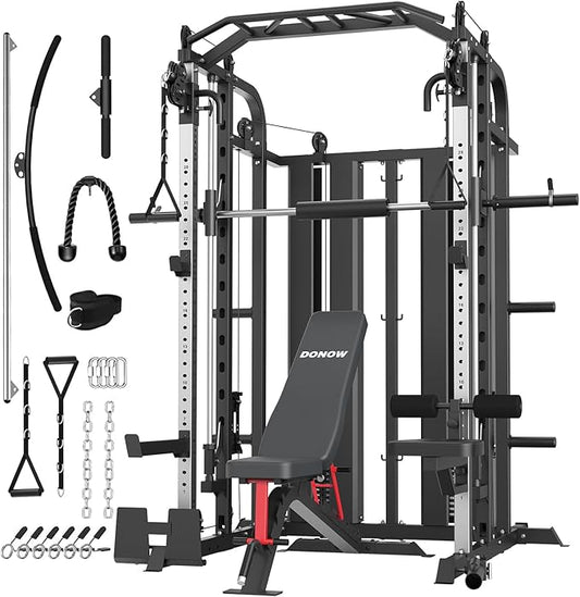 DONOW Smith Machine with Weight Stacks Power Cage Squat Rack Dual Cable Crossover Machine Home Gym Systems Station LAT Pull Down