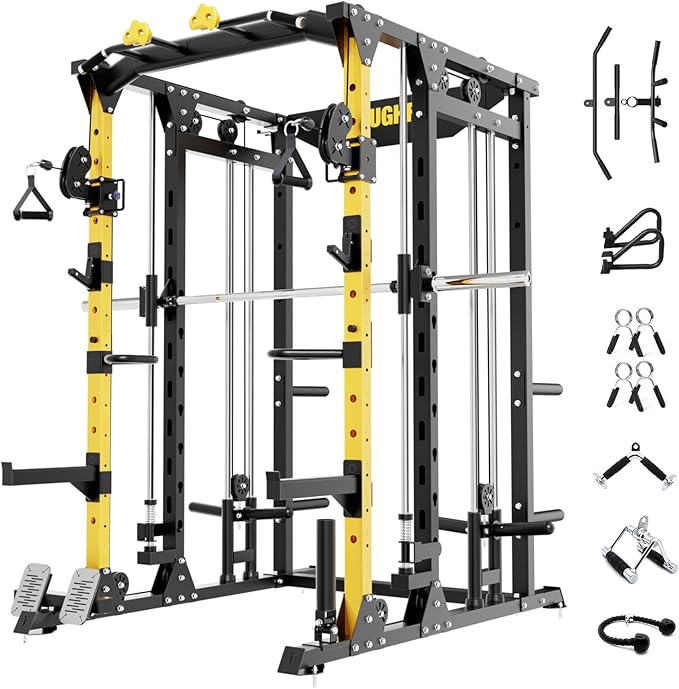 F4 Smith Machine, Power cage with Adjustable Cable Crossover System, All-in-One Squat Rack Training Equipment for Home Gym