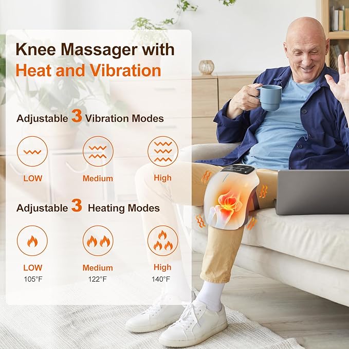 Cordless Knee Massager with LED Screen, Infrared Heat and Vibration Knee Pain Relief for Swelling Stiff Joints, Stretched Ligament and Muscles Injuries, Portable Knee Massage for Family and Friends