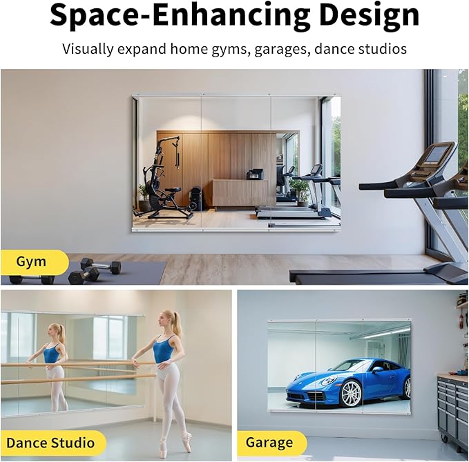 Home Gym Mirror - 48x24 Inch, 1PCS Frameless Tempered Glass Full Body Mirror for Wall Mount - Ideal for Yoga, Workout, Bedroom, Dance Studio (Silver)